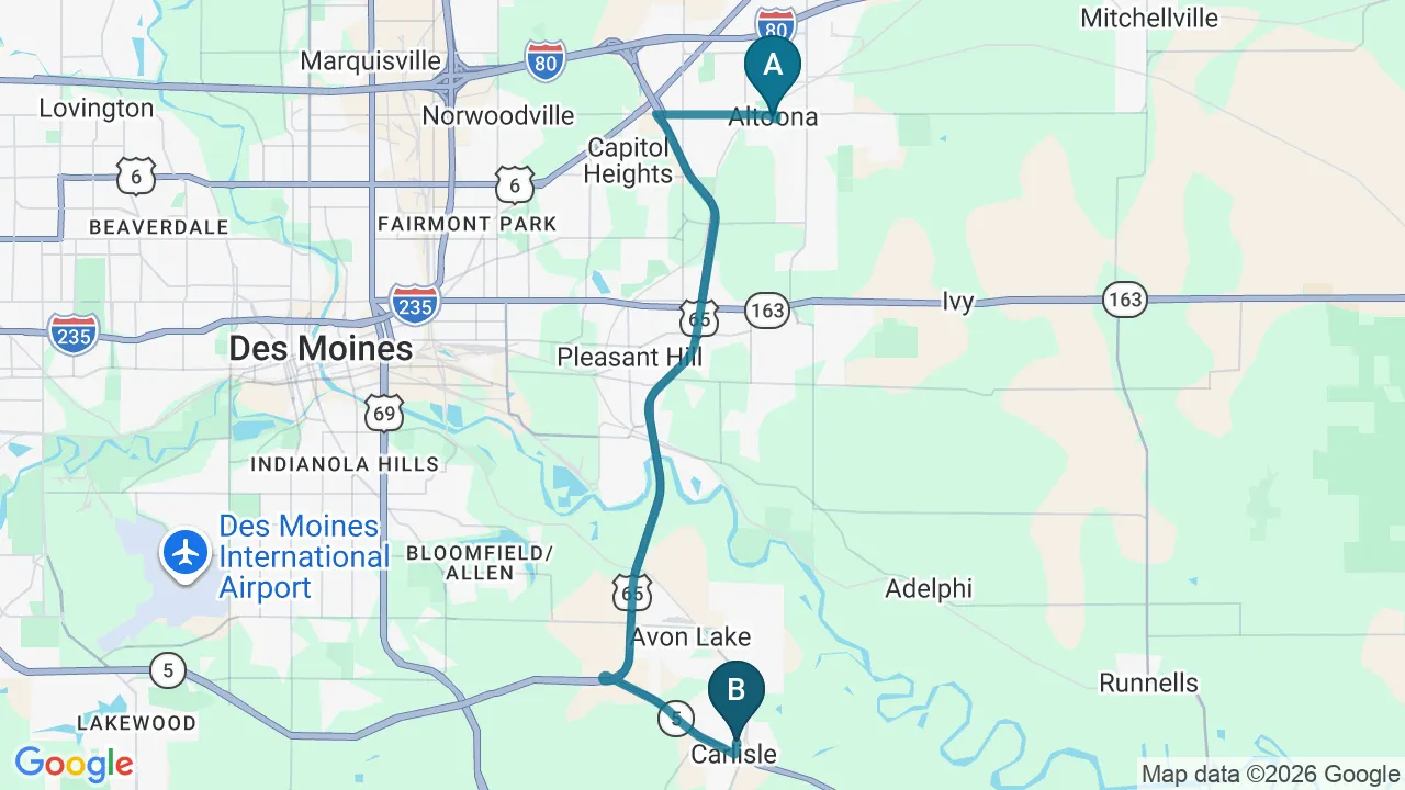 Driving directions map from Altoona, IA to Carlisle Spine And Wellness in Carlisle