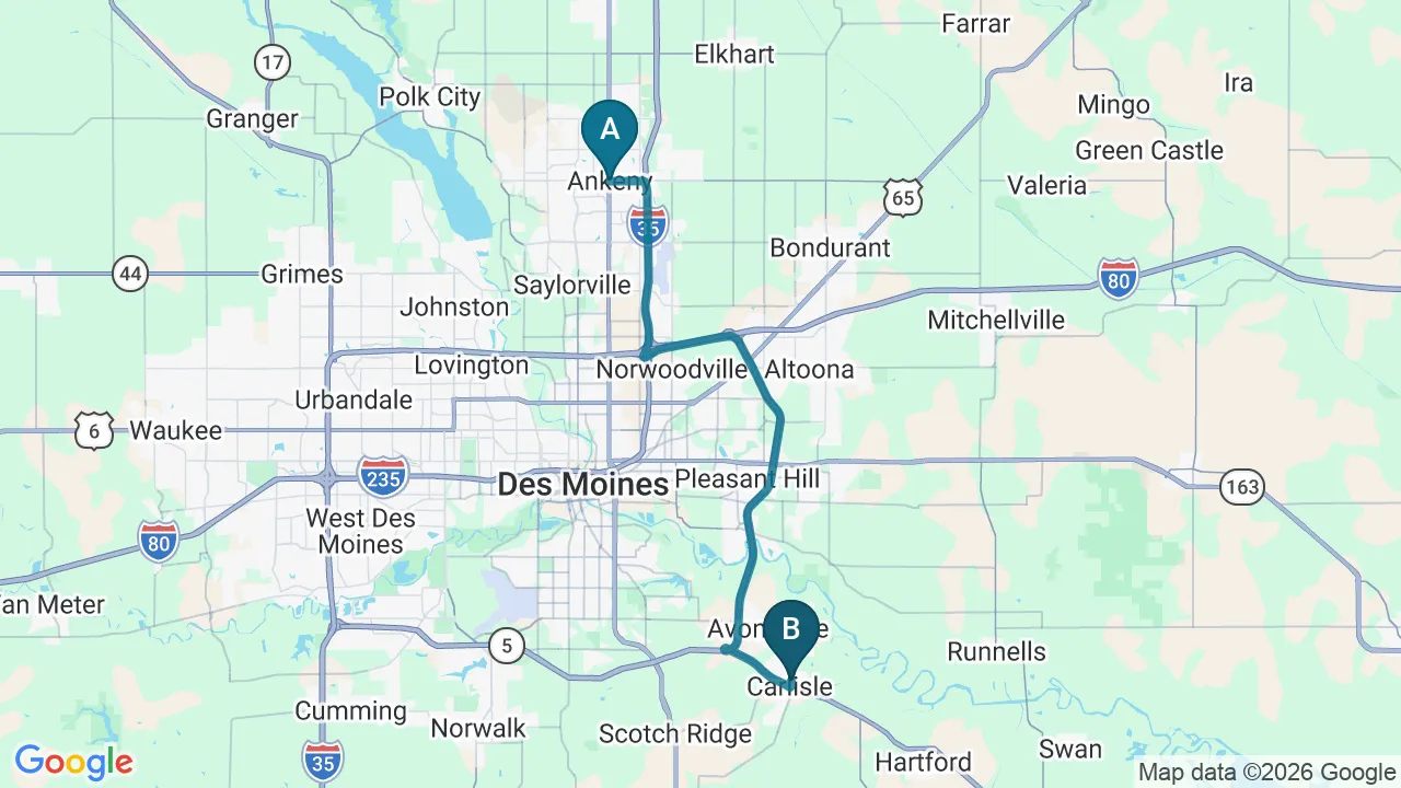 Driving directions map from Ankeny, IA to Carlisle Spine And Wellness in Carlisle