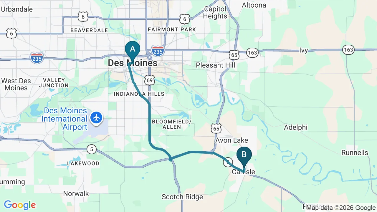 Driving directions map from Des Moines, IA to Carlisle Spine And Wellness in Carlisle