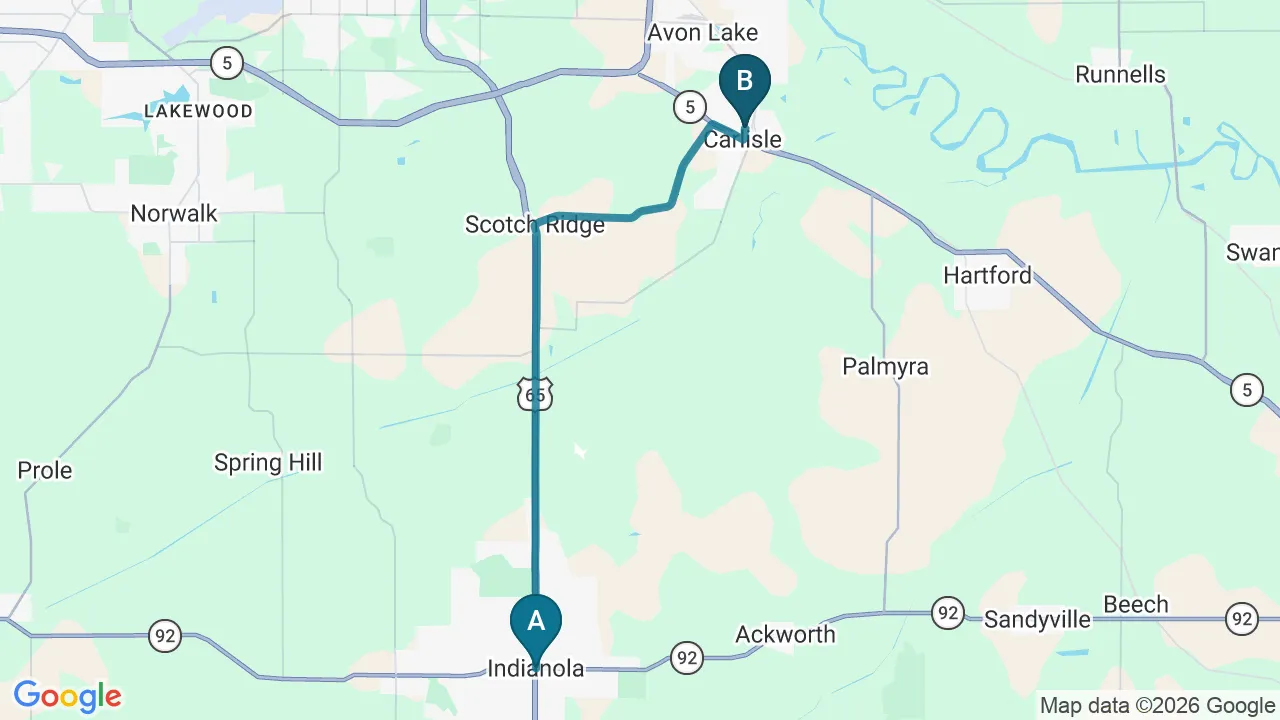 Driving directions map from Indianola, IA to Carlisle Spine And Wellness in Carlisle