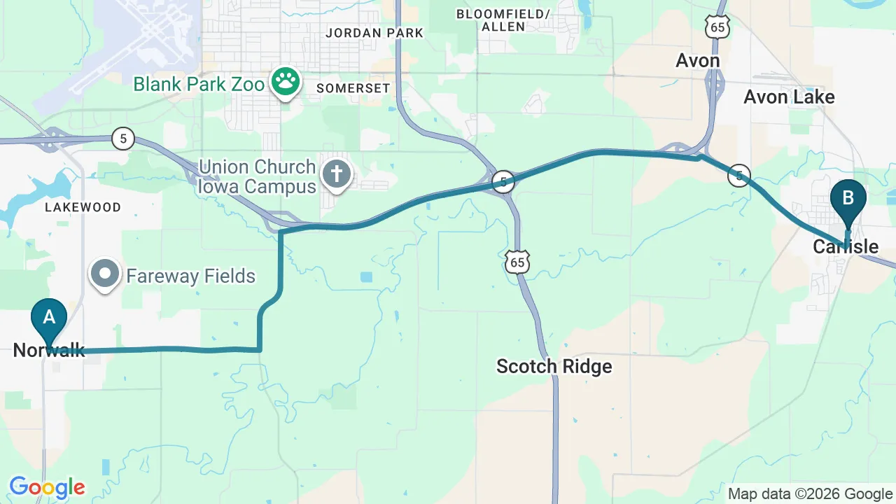 Driving directions map from Norwalk, IA to Carlisle Spine And Wellness in Carlisle