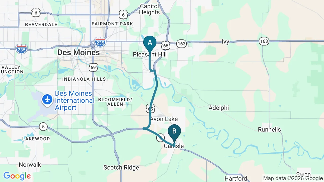 Driving directions map from Pleasant Hill, IA to Carlisle Spine And Wellness in Carlisle